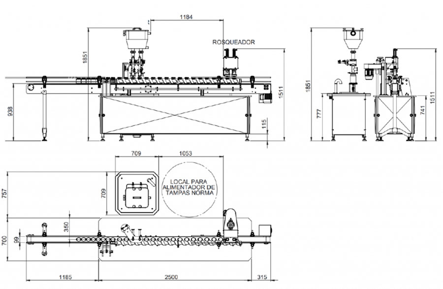 Dimensões Envasadora de frascos - movimento de rosca - DELGO